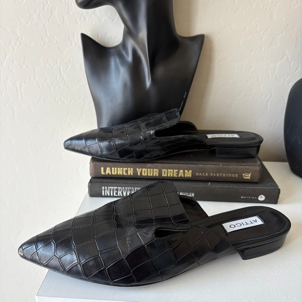 The Attico Black Croc Embossed Leather Pointed Toe Mules Slides Size 38